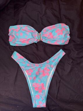 SHEIN Aqua Blue and Pink Floral Bandeau Bikini